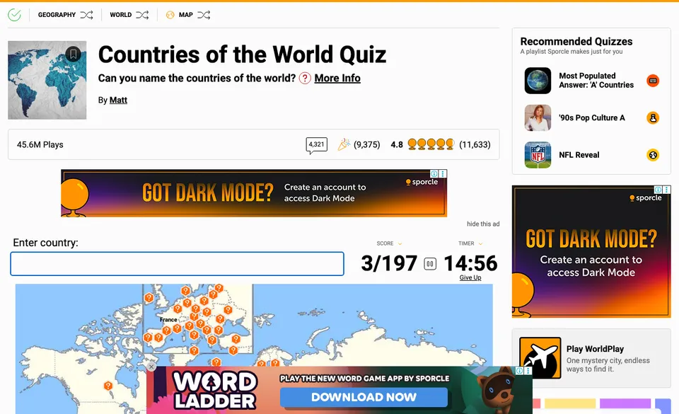 Sporcle's Countries of the World quiz mid-game, showing a score of 3 out of 197, a running timer, and display ads above and beside the quiz