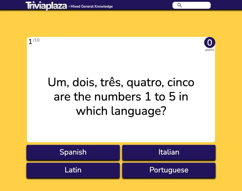 Trivia Plaza's Mixed General Knowledge quiz showing question 1 of 10 with four multiple-choice answers